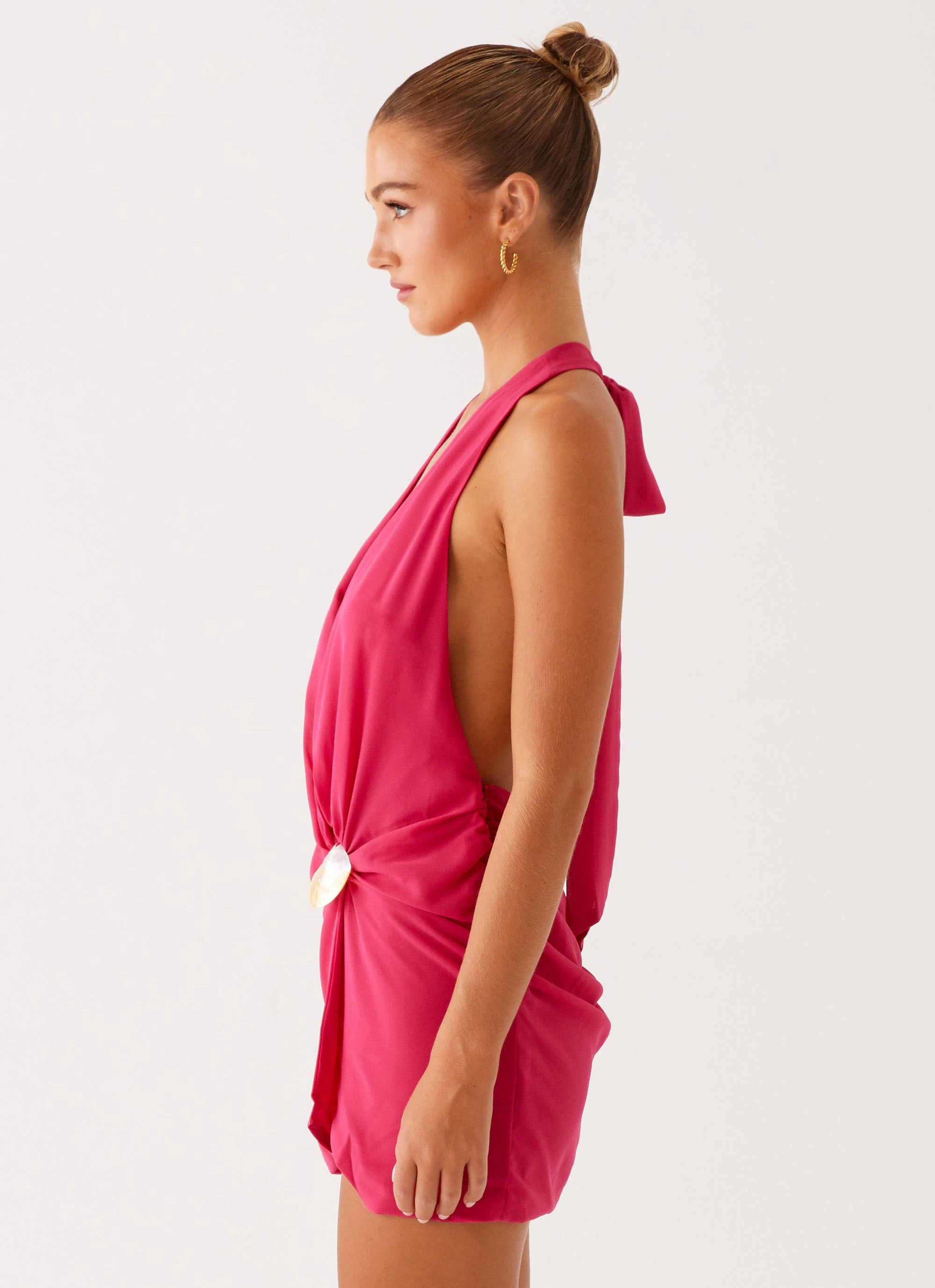 Eleanora Plunge Mini Dress - Pink Elegant Fabric Subtle Flow