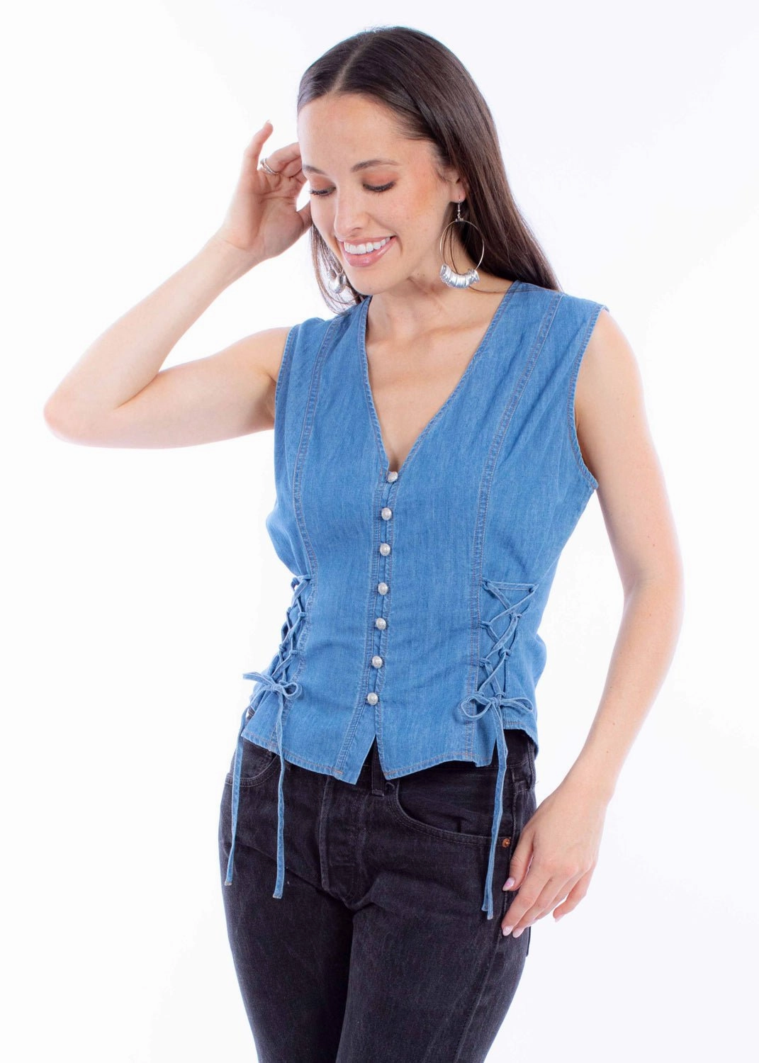 Essential Knit Scully Womens Lace Up Ties Blue Cotton Denim Vest
