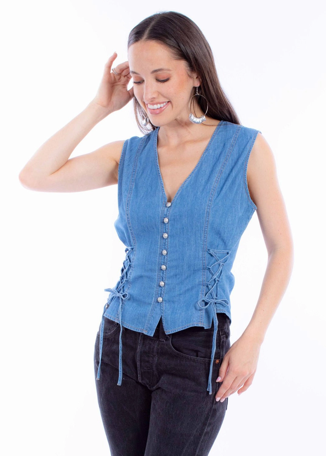 Plush Interior Hypoallergenic Fiber Scully Womens Lace Up Ties Blue Cotton Denim Vest