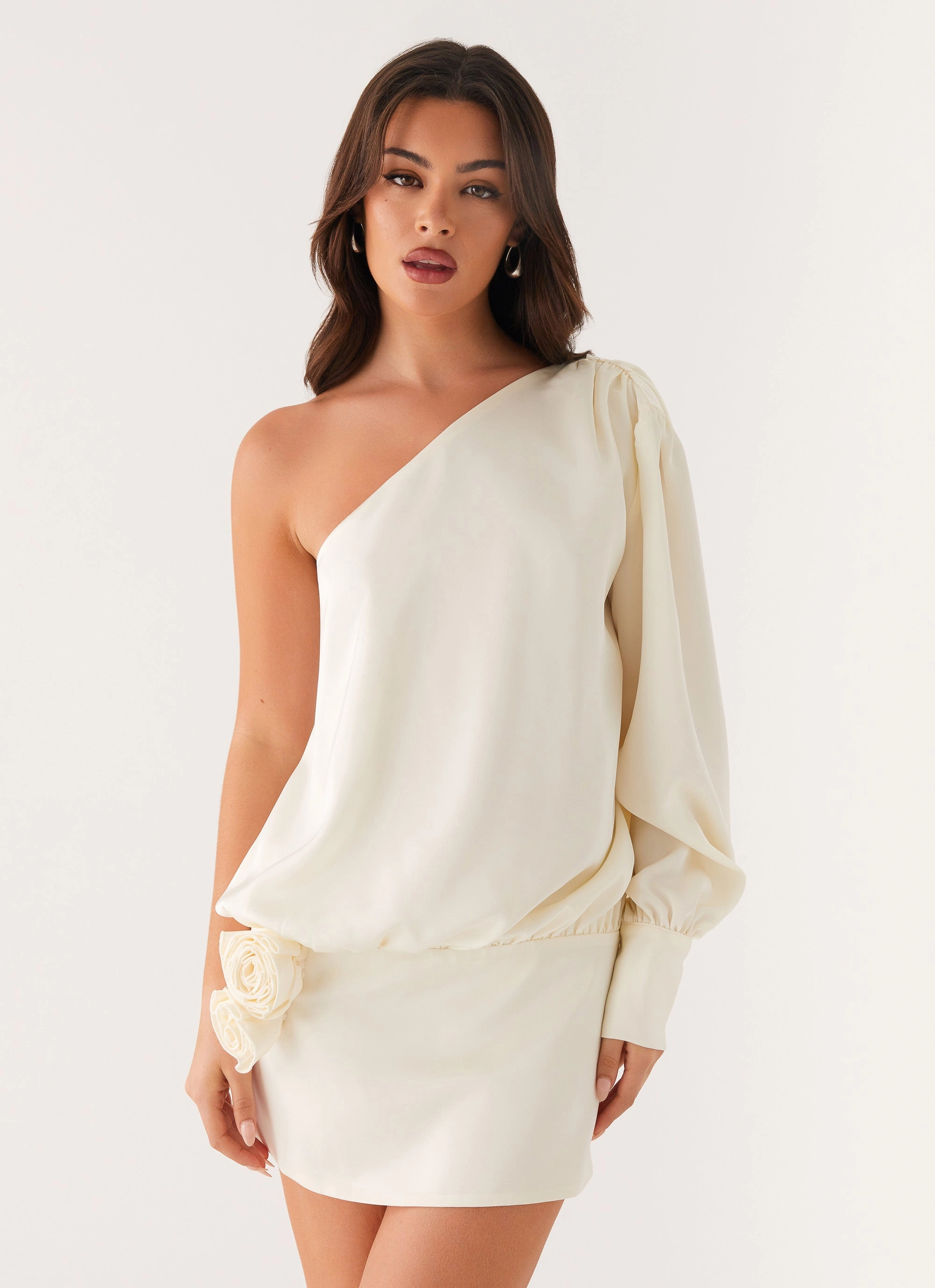 Pippie One Shoulder Mini Dress - Ivory Smooth-Lining