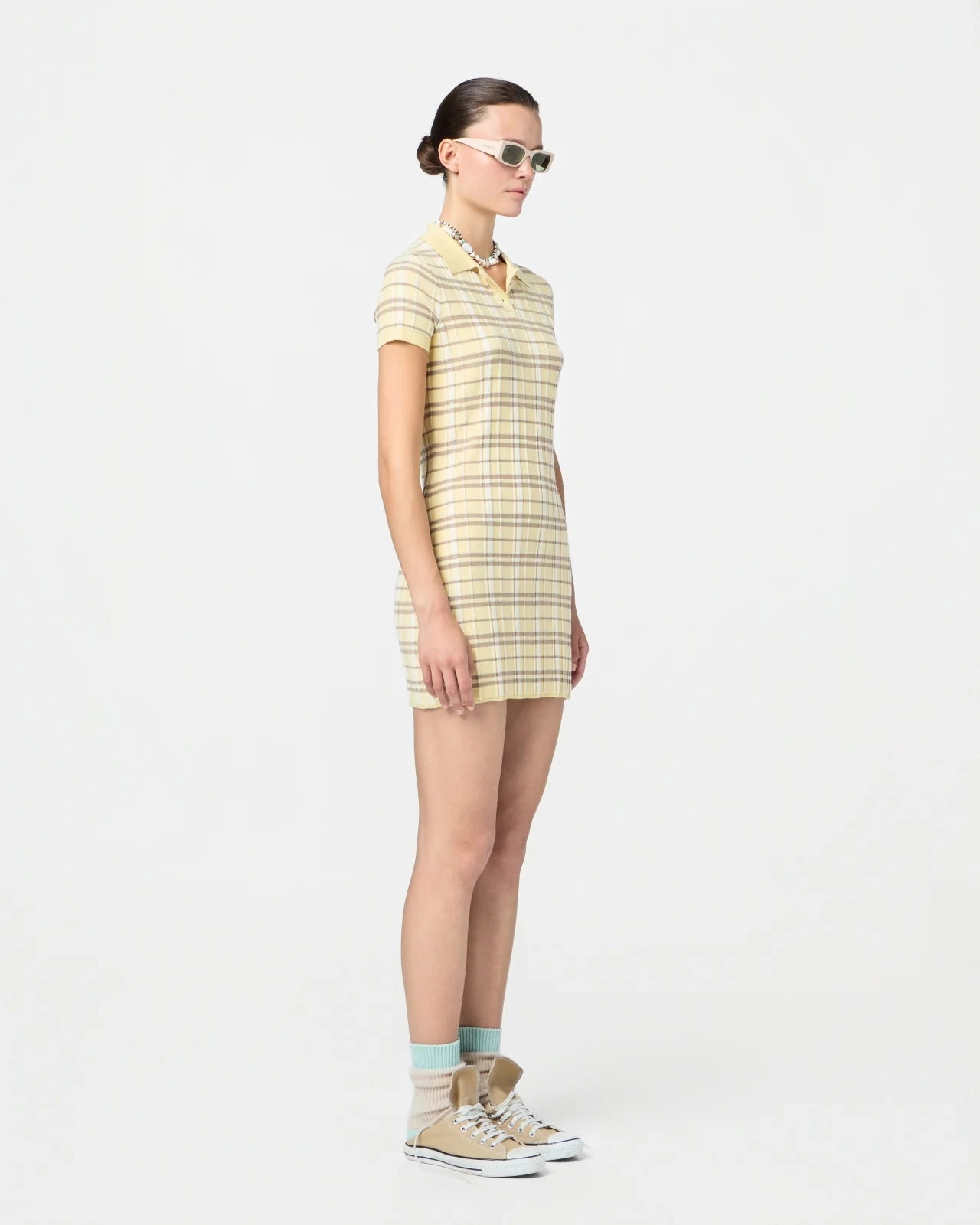 solo wear Natural Drape Plaid Polo Dress in Butter Combo