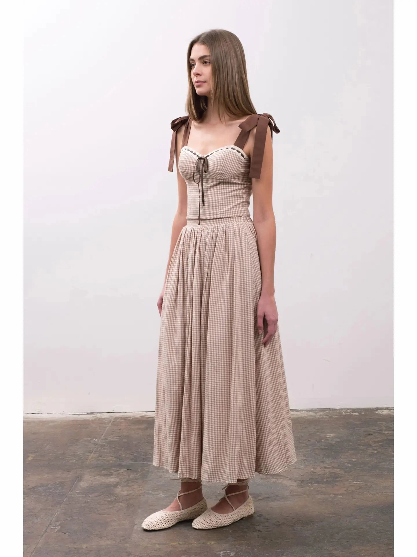 Plaid Tie Shoulder Crop Top CompressionFit