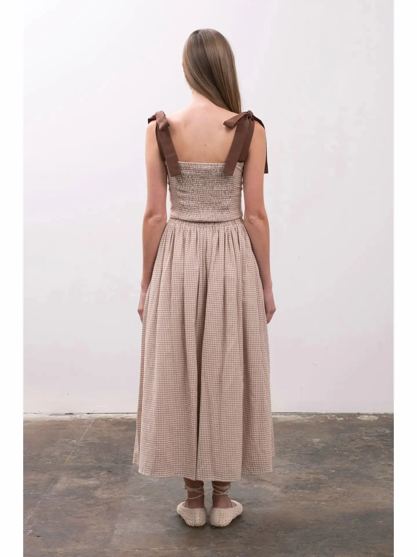 Hypoallergenic Lining Plaid Tie Shoulder Crop Top