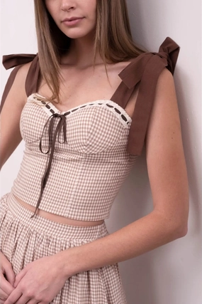 Anti Static Weave Technology WideNeckOpening Plaid Tie Shoulder Crop Top