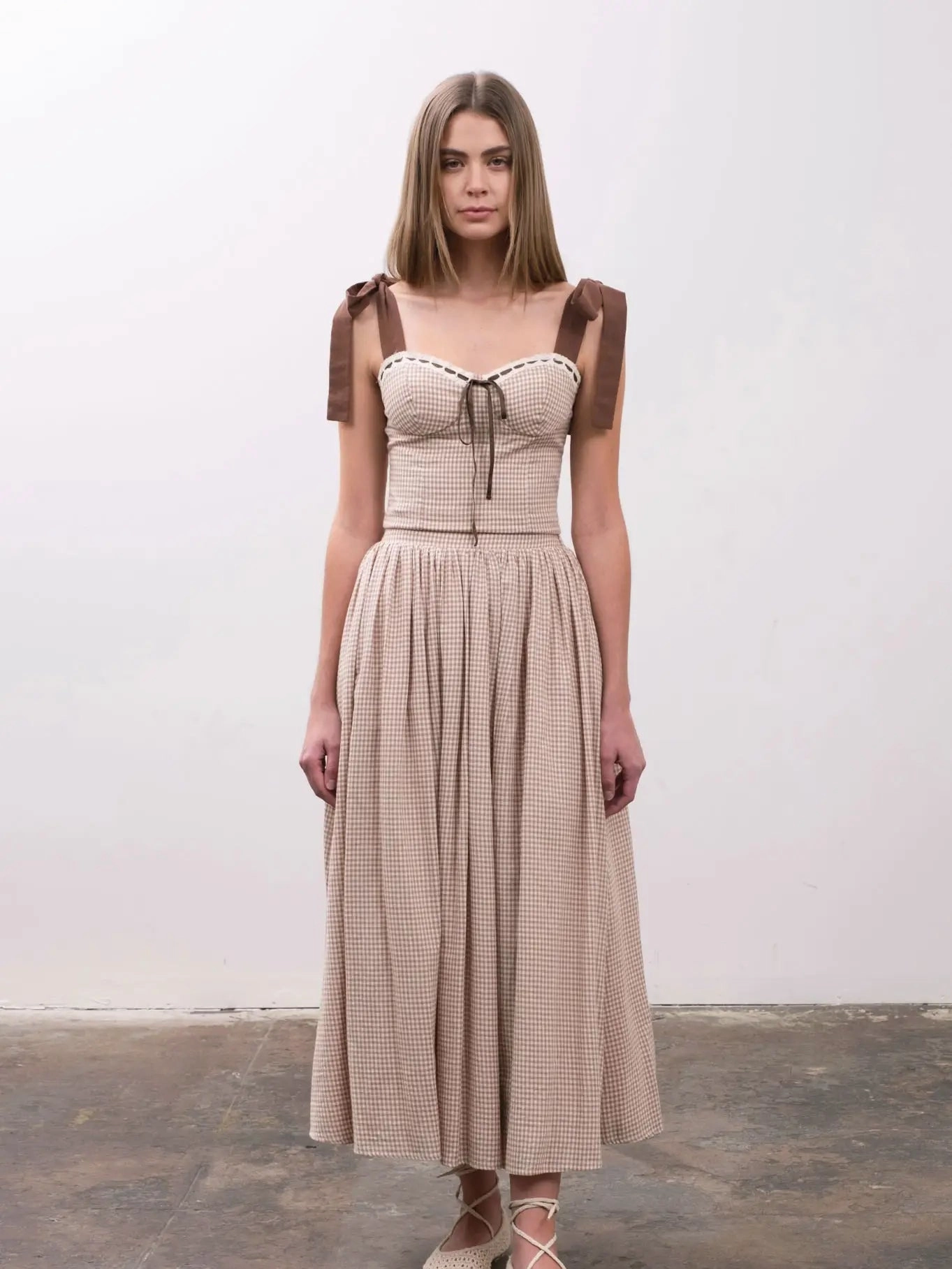 TailoredCut ButterSoftTexture Plaid Tie Shoulder Crop Top