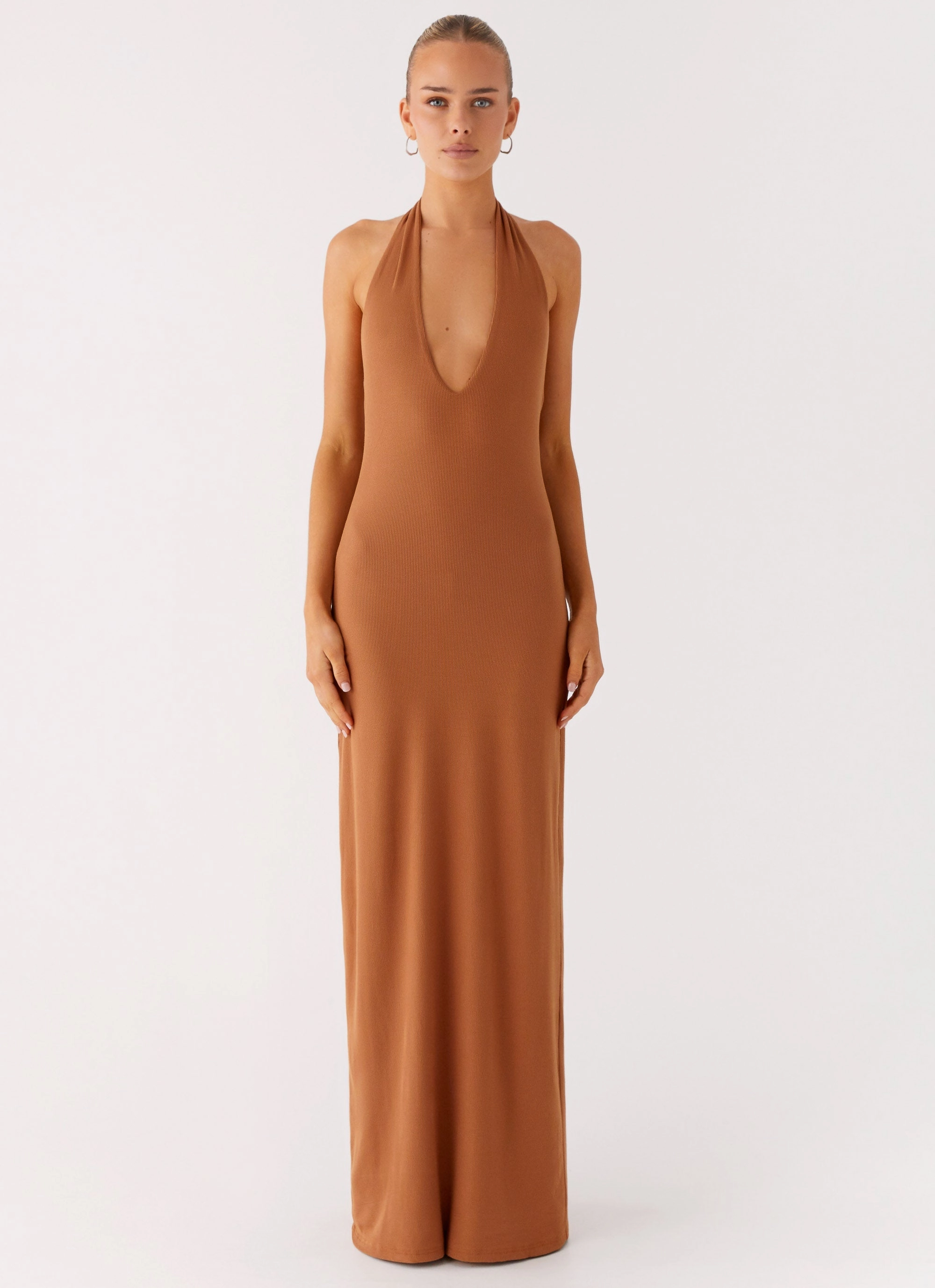 Office Smart Easy Look Plunge For You Maxi Dress - Tan