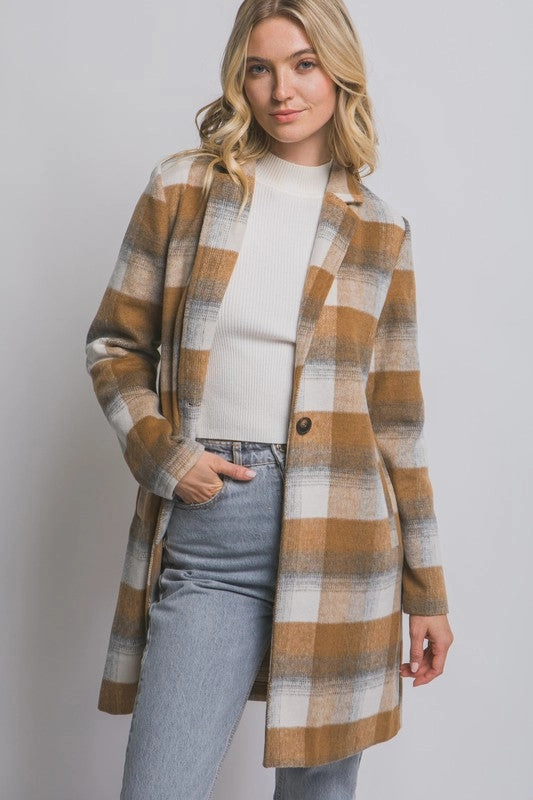 Seamless Stitching Hooded Versatile Design Lana Long Sleeve Plaid Coat
