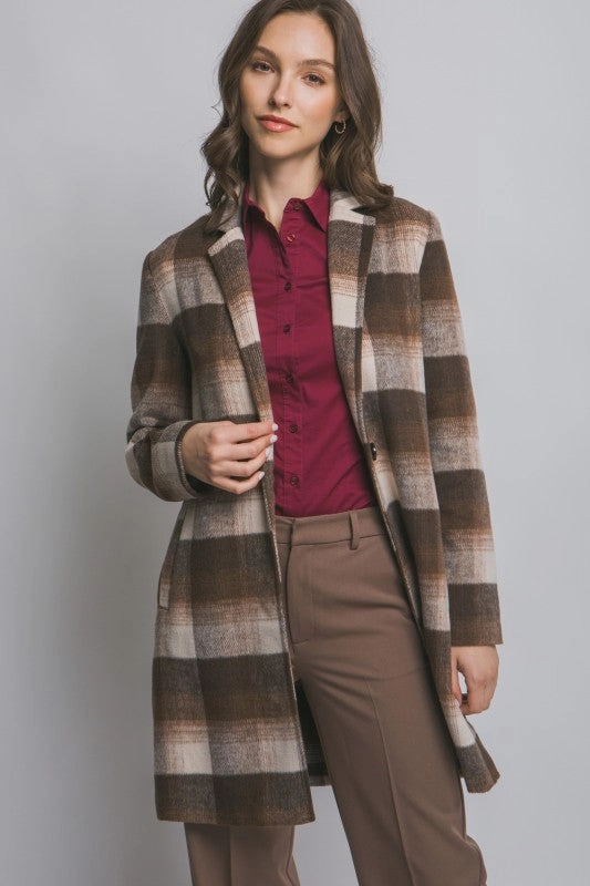Waterproof Coating Lana Long Sleeve Plaid Coat