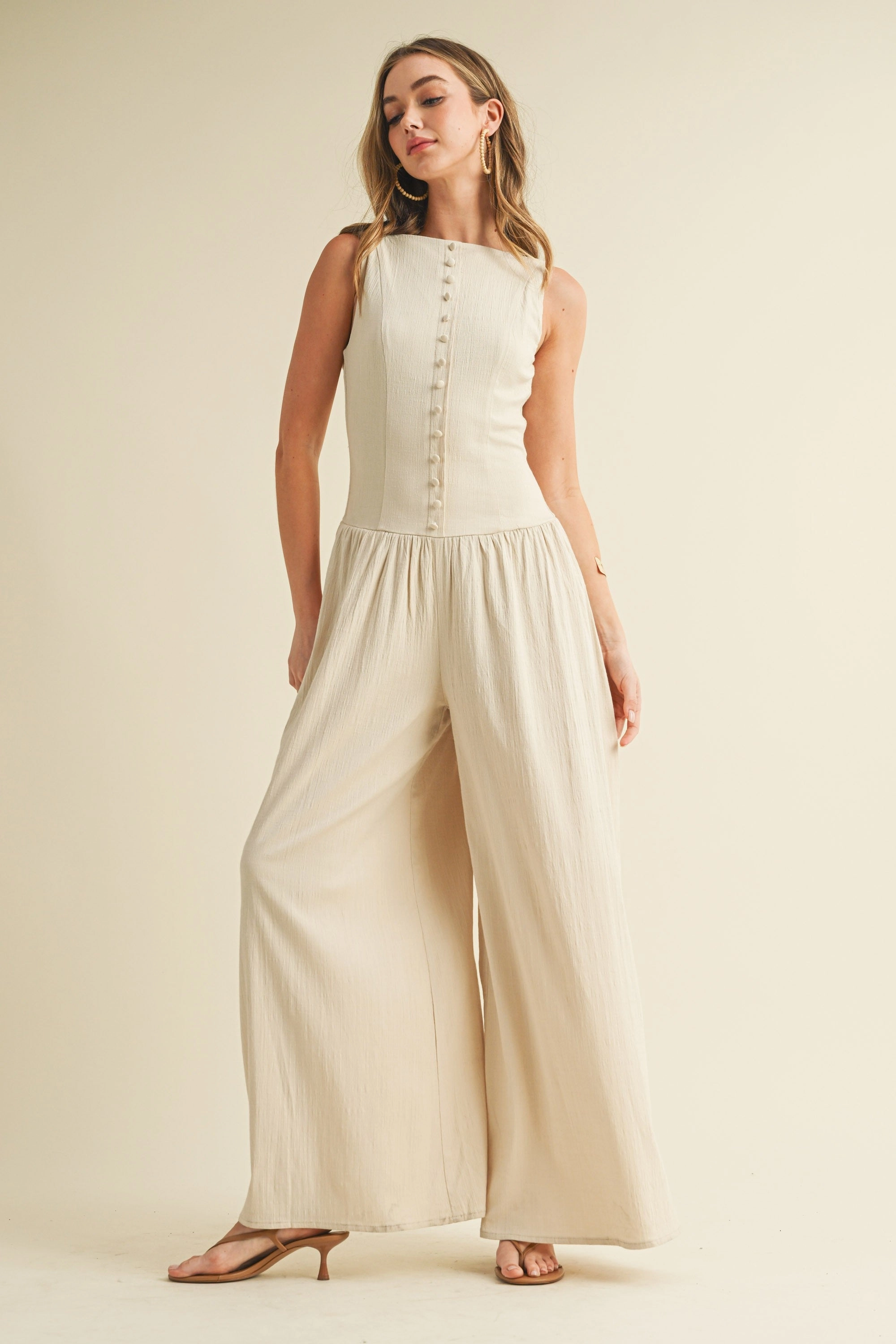 Linen Button Down Jumpsuit - Natural ResilientElasticBand Breathable Stretch