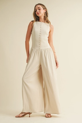 Linen Button Down Jumpsuit - Natural Odor Control Technology RecycledPolyester