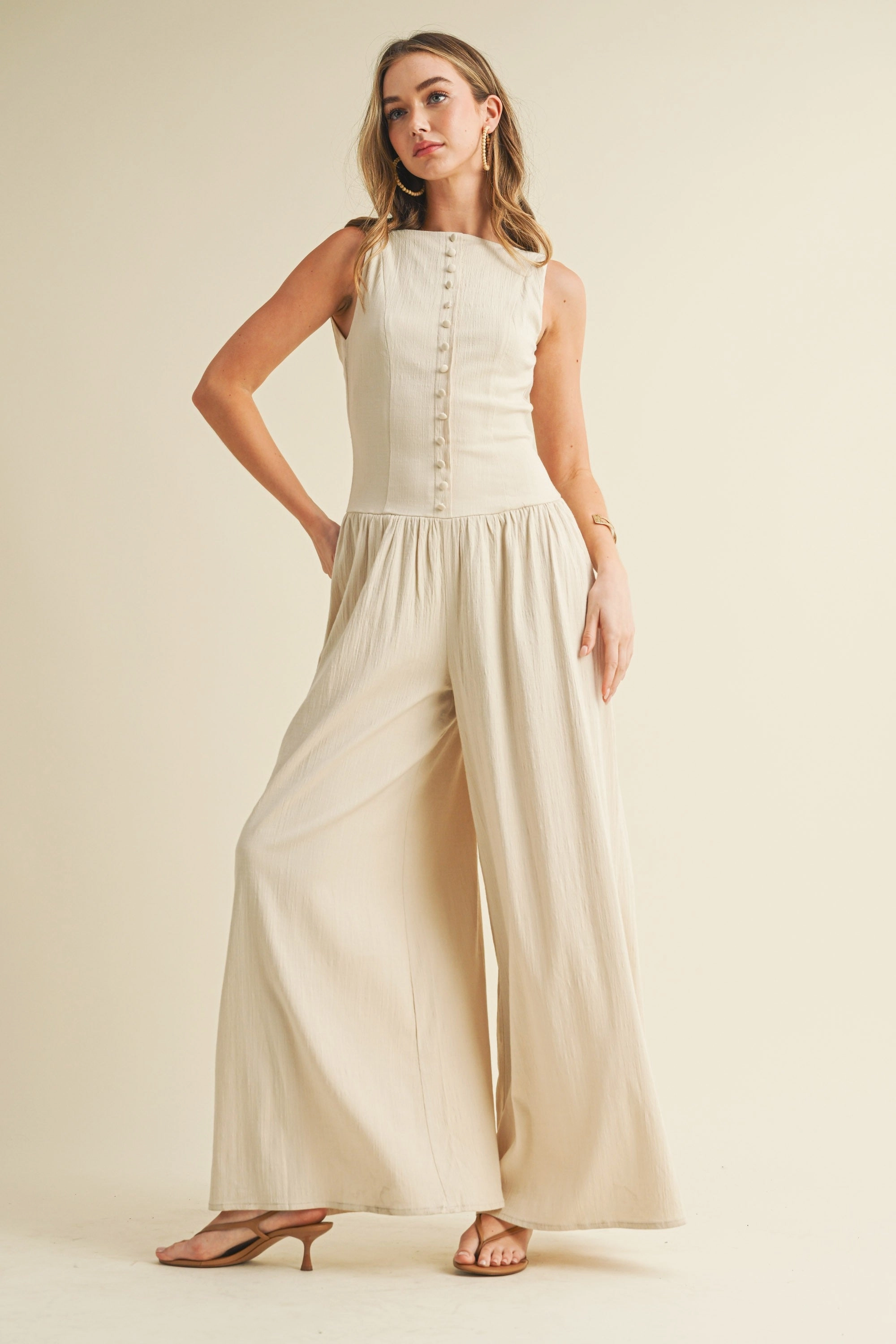 Linen Button Down Jumpsuit - Natural Soft Blended Fabric Adaptive Temperature Control