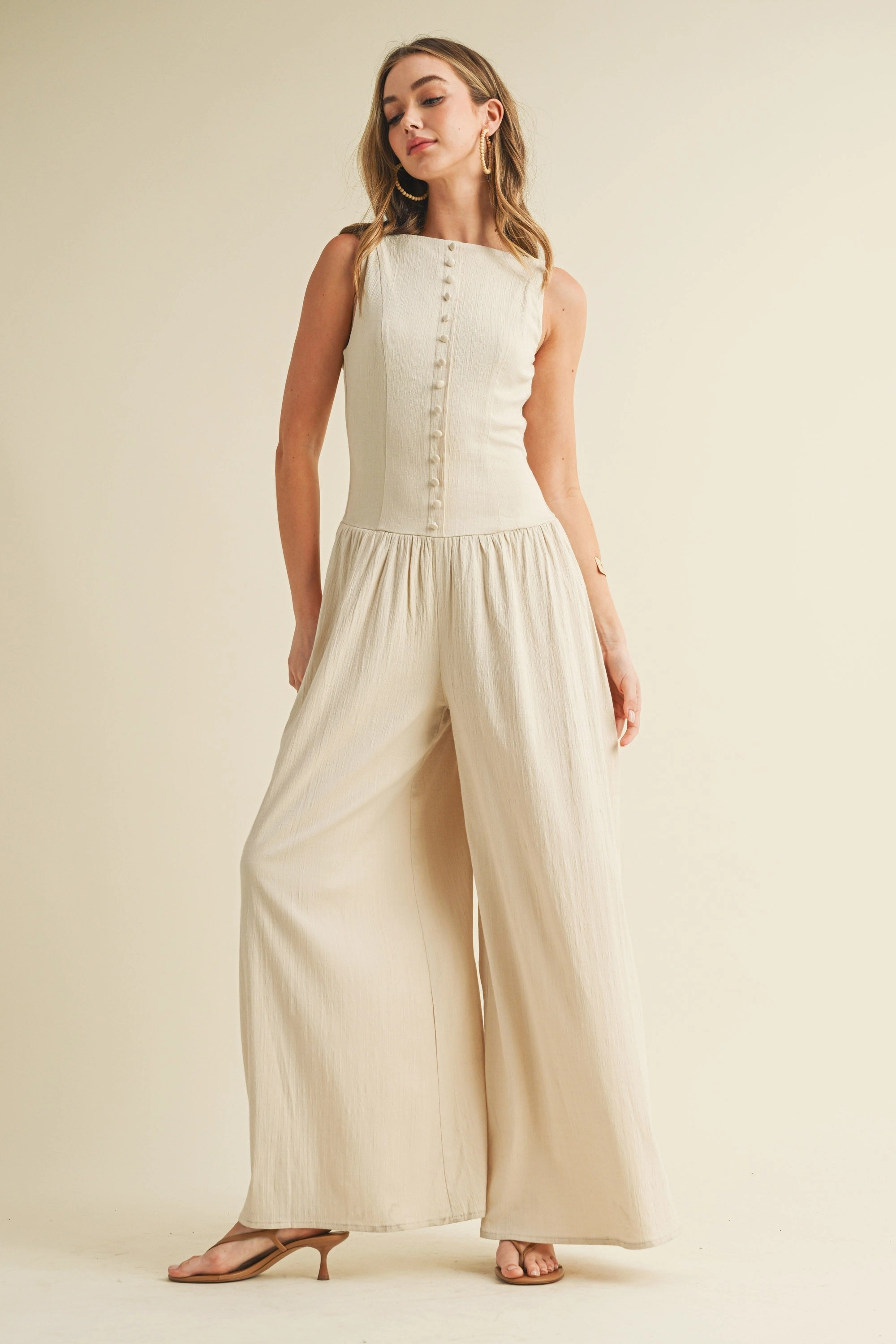 Linen Button Down Jumpsuit - Natural Odor Control Technology RecycledPolyester