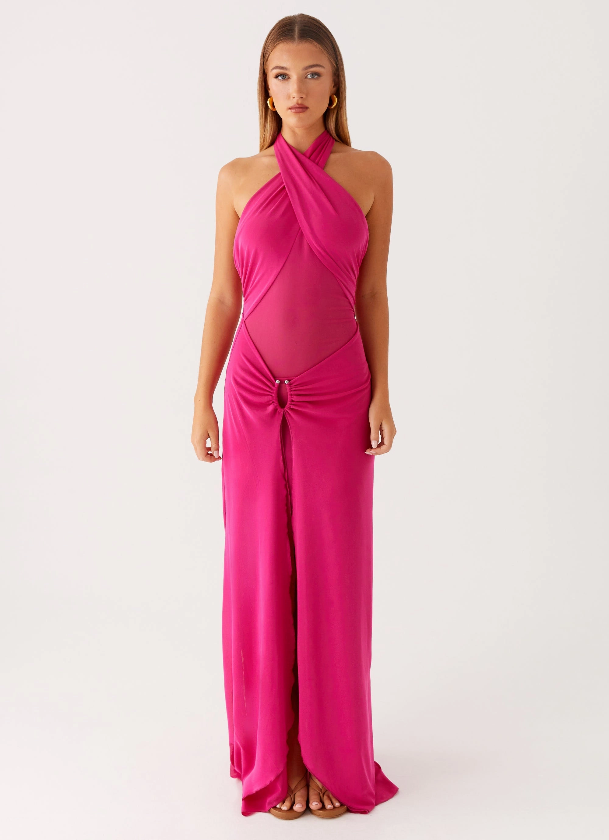 Ericka Maxi Dress - Hot Pink Feminine Charm Applique-Detail
