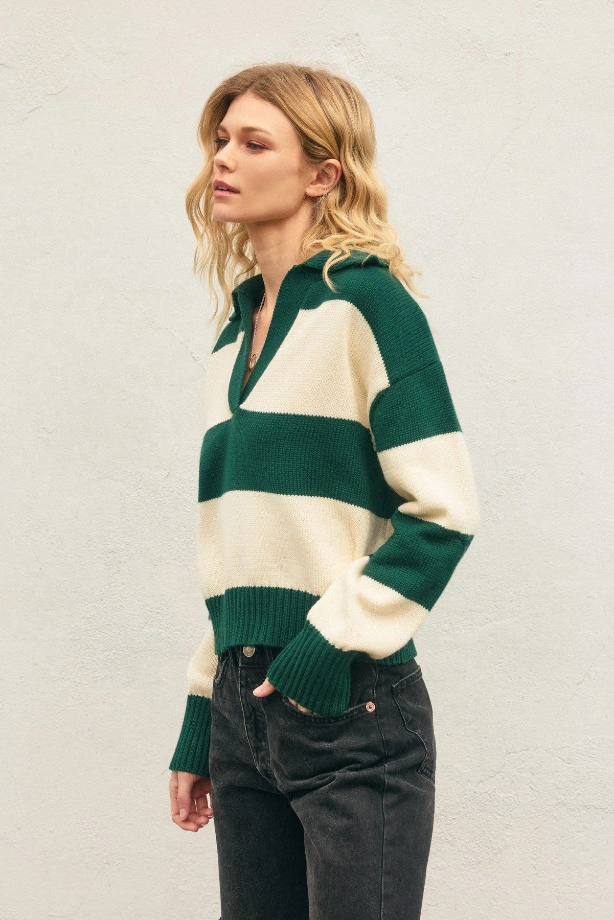 Polo Stripe Collared Sweater - Green Everyday Fashion summer top