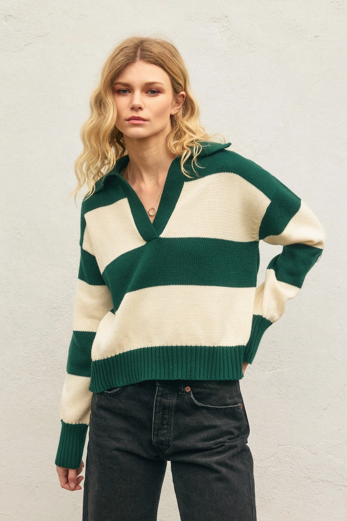 Polo Stripe Collared Sweater - Green Bound Seam Edges Basic Long Sleeve