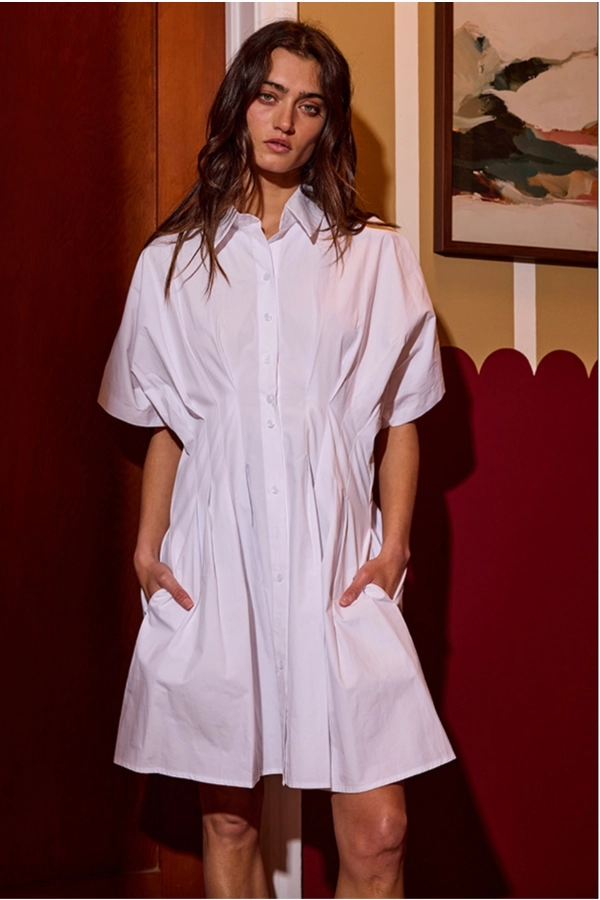 Tulle-Overlay Vibrant Design Poplin Button Down Mini Dress