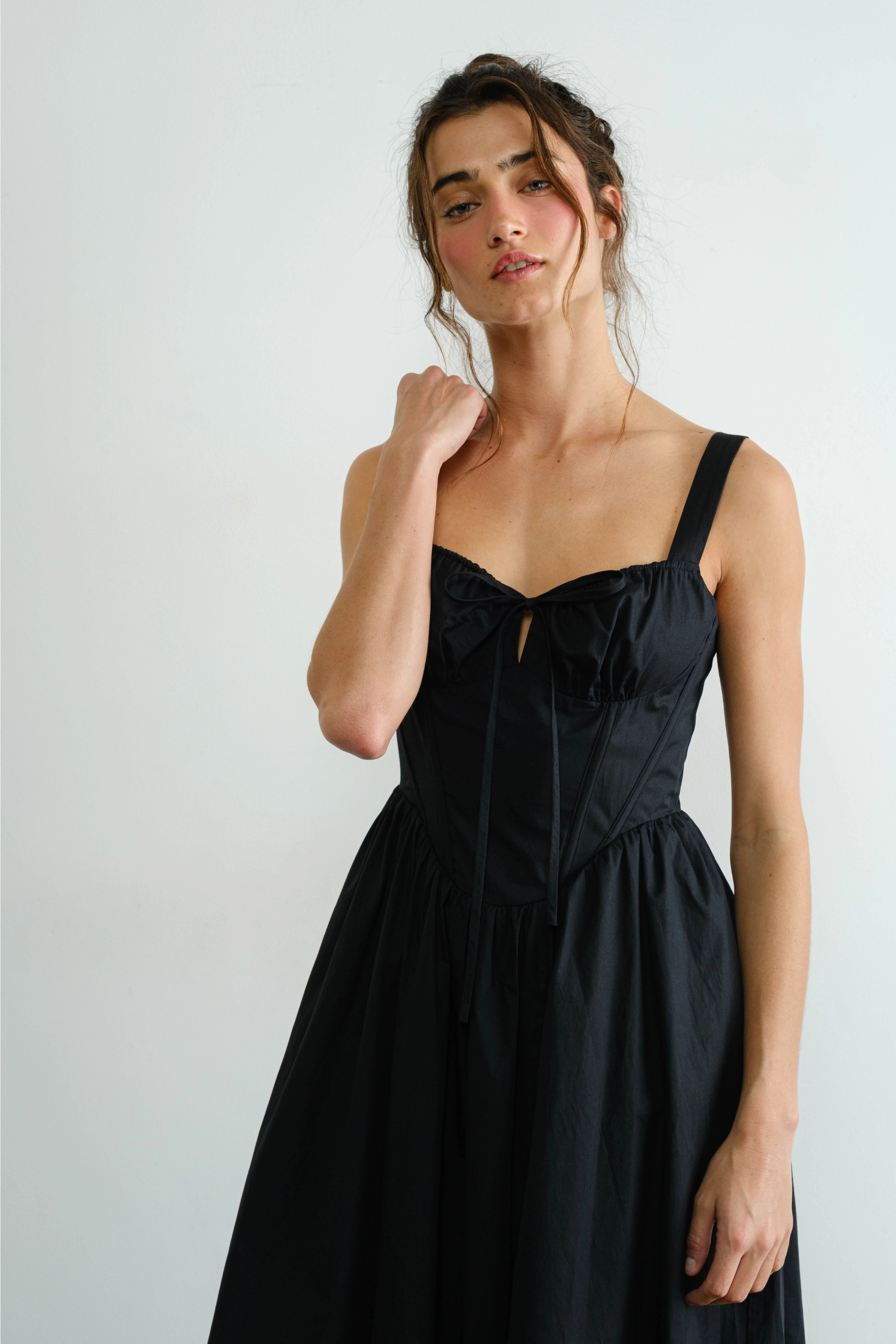 Poplin Ribbon Tie Maxi Dress - Black Daily Form Draped Silhouette