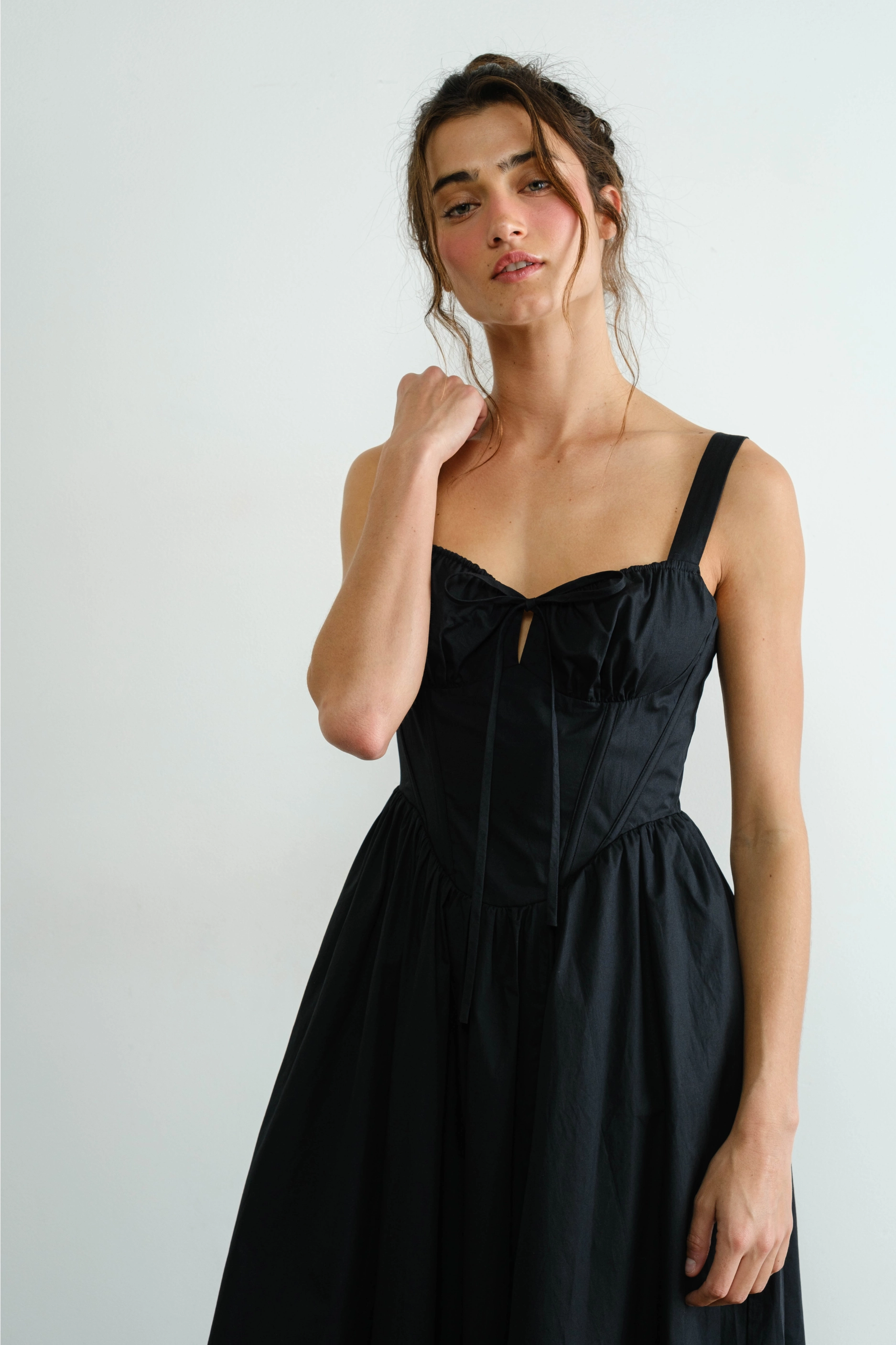 Poplin Ribbon Tie Maxi Dress - Black Relaxed Dress NonChafingTrim
