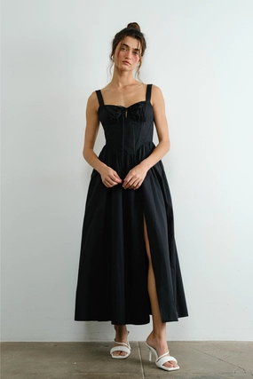 Poplin Ribbon Tie Maxi Dress - Black Stylish Layering