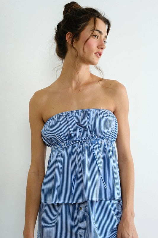 AdjustableNeckline Hypoallergenic Fiber Poplin Striped Top - Blue