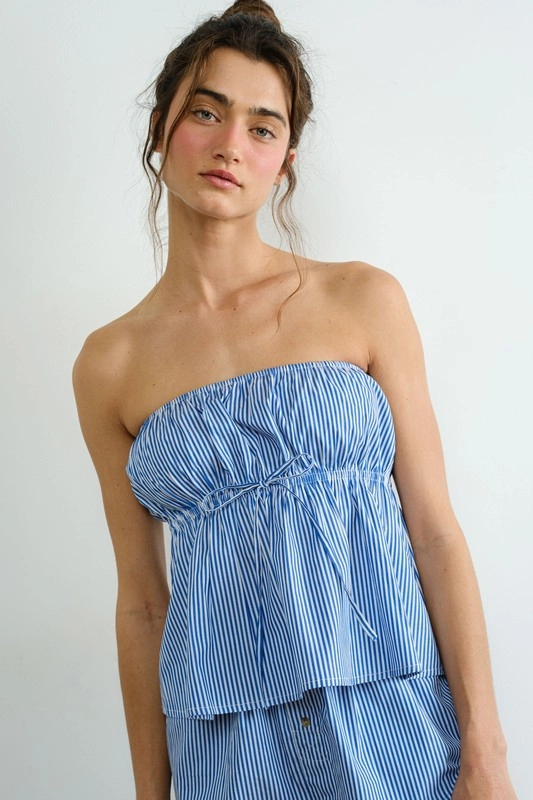 Poplin Striped Top - Blue Textured Fabric Finish