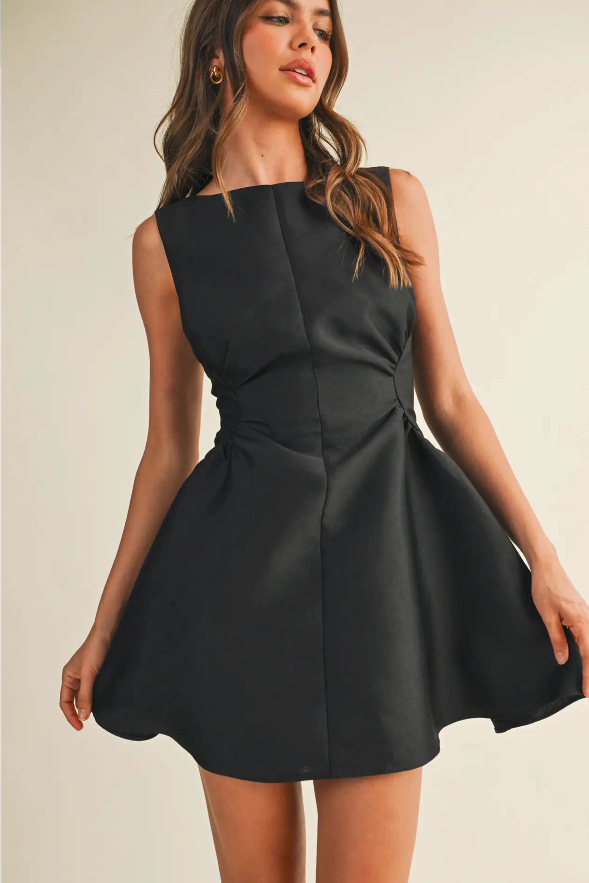 Rolled Hem Finish Fun and Flirty Flare Mini Dress - Black