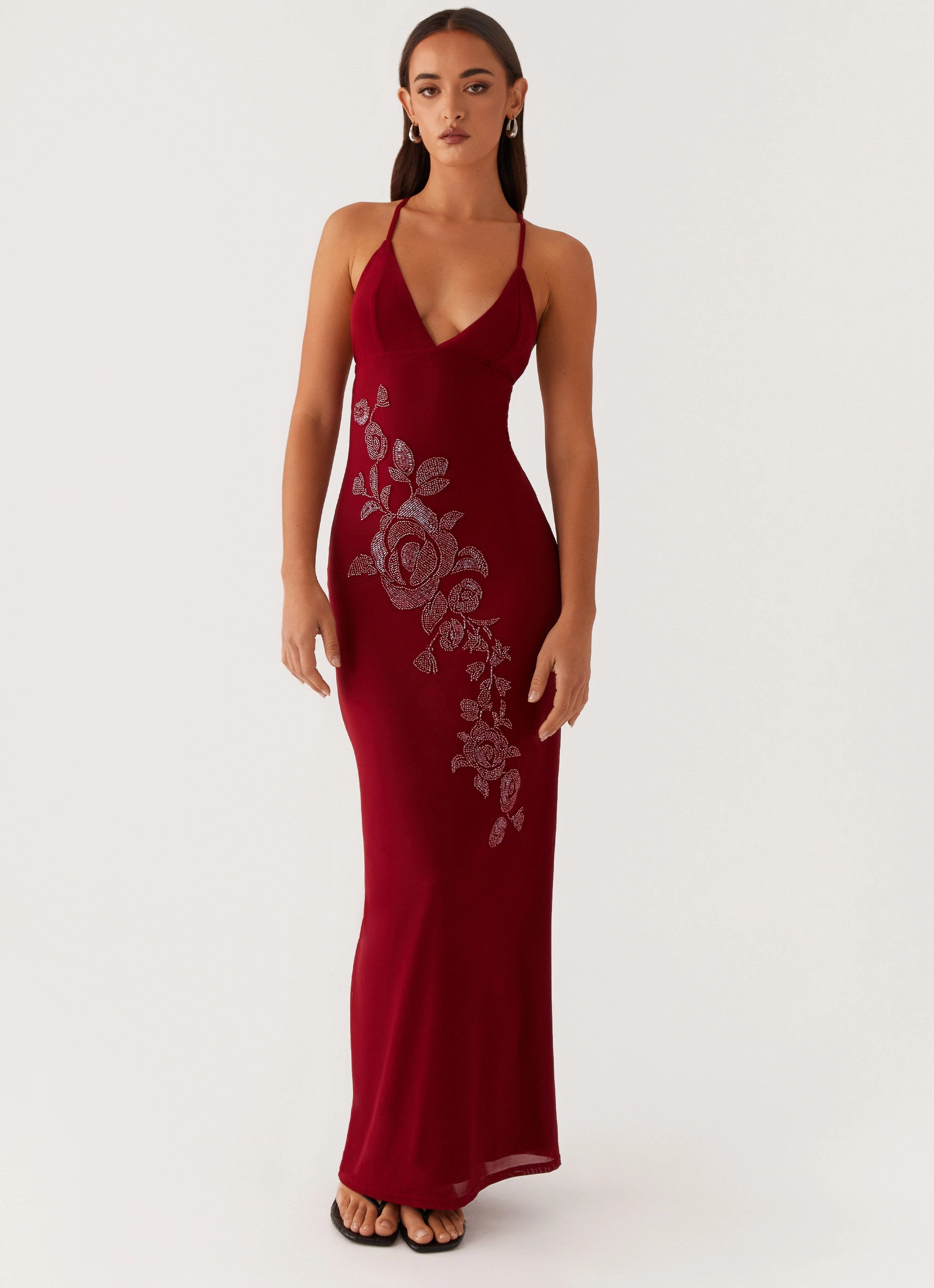 Beki Beaded Mesh Maxi Dress - Deep Red Neutral palette