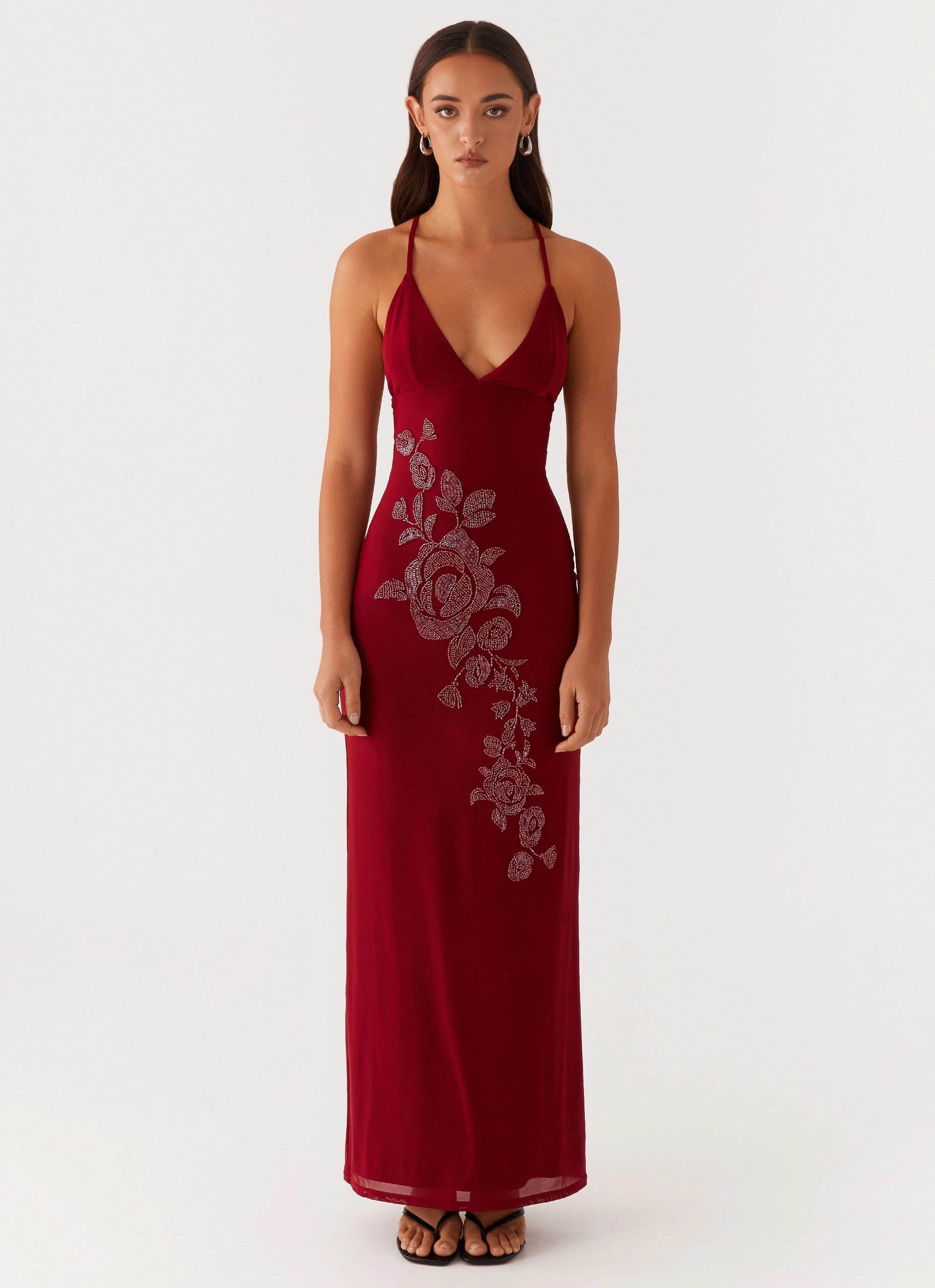 TearResistantFabric Beki Beaded Mesh Maxi Dress - Deep Red