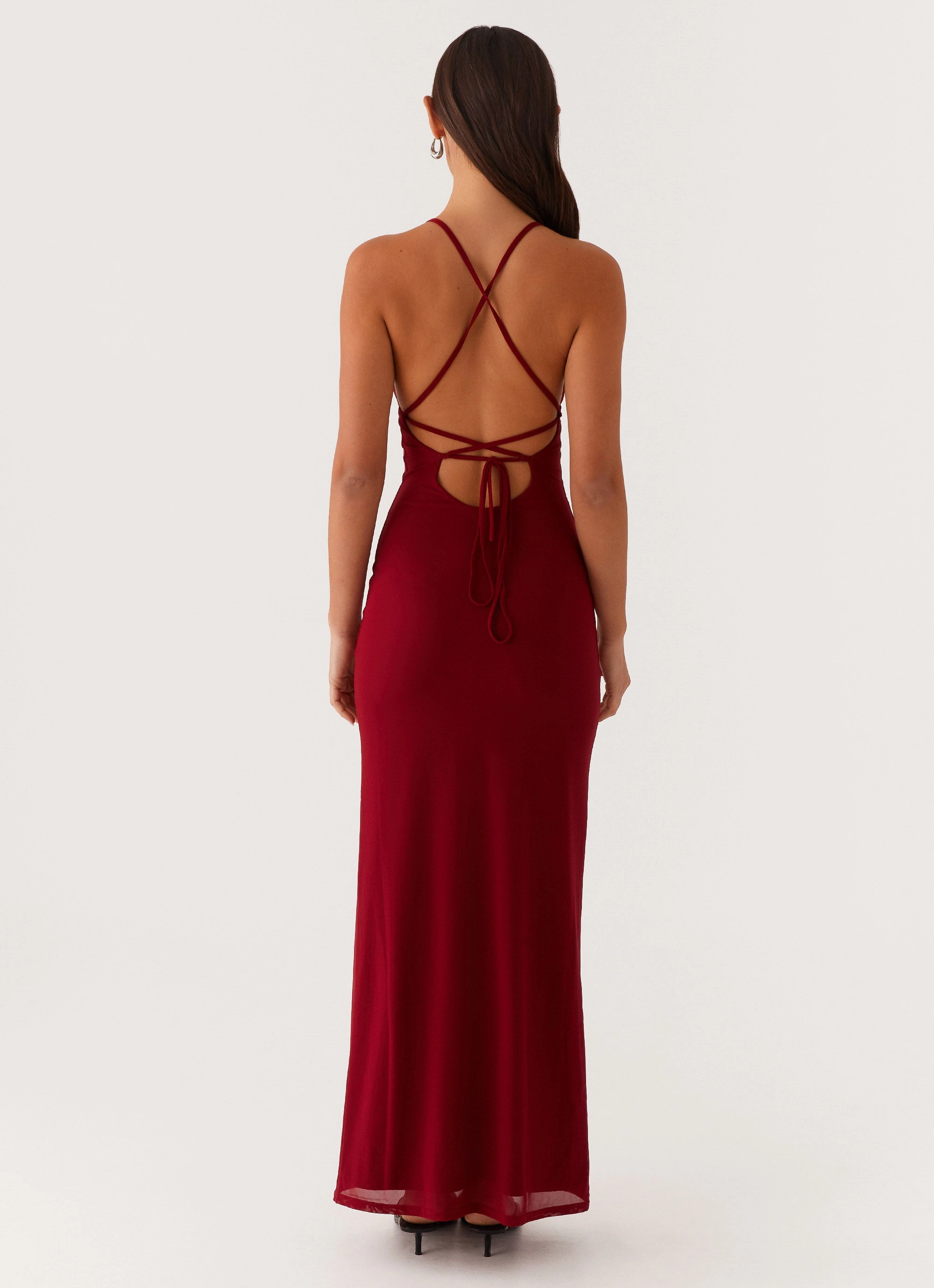 Urban Edge Feminine Energy Beki Beaded Mesh Maxi Dress - Deep Red