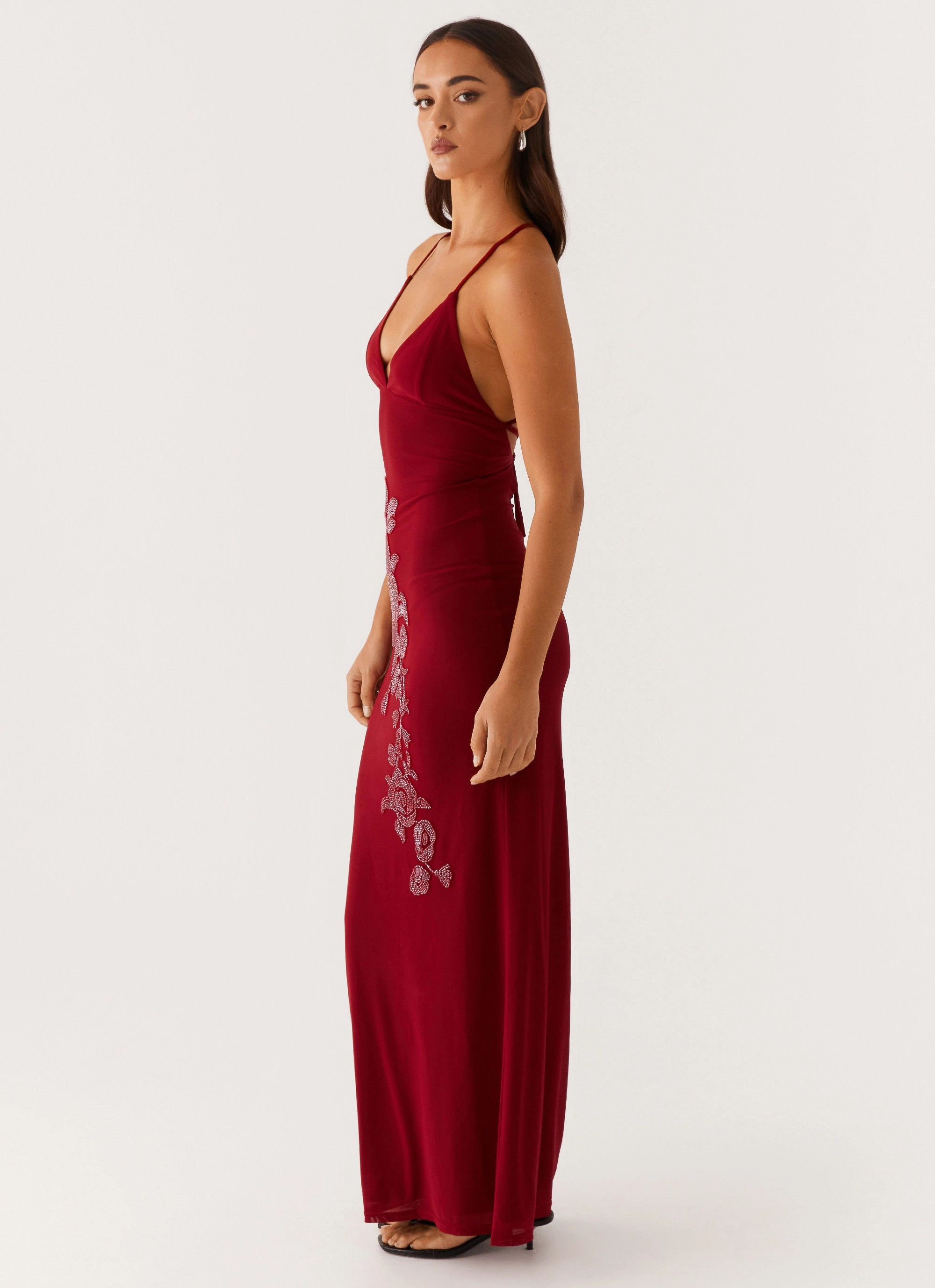 Beki Beaded Mesh Maxi Dress - Deep Red Trendy Design Comfy Fit