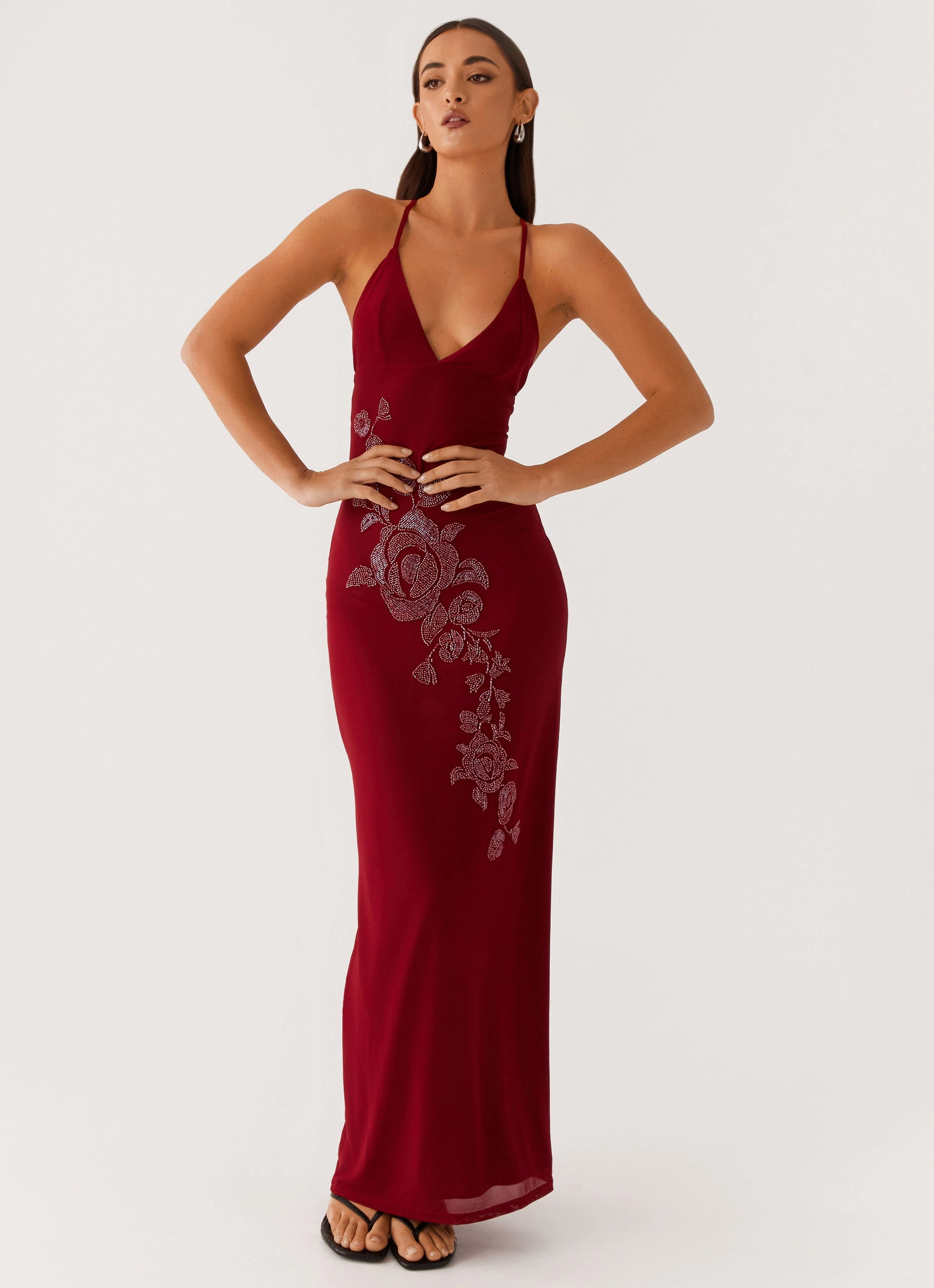 Beki Beaded Mesh Maxi Dress - Deep Red Street Ready