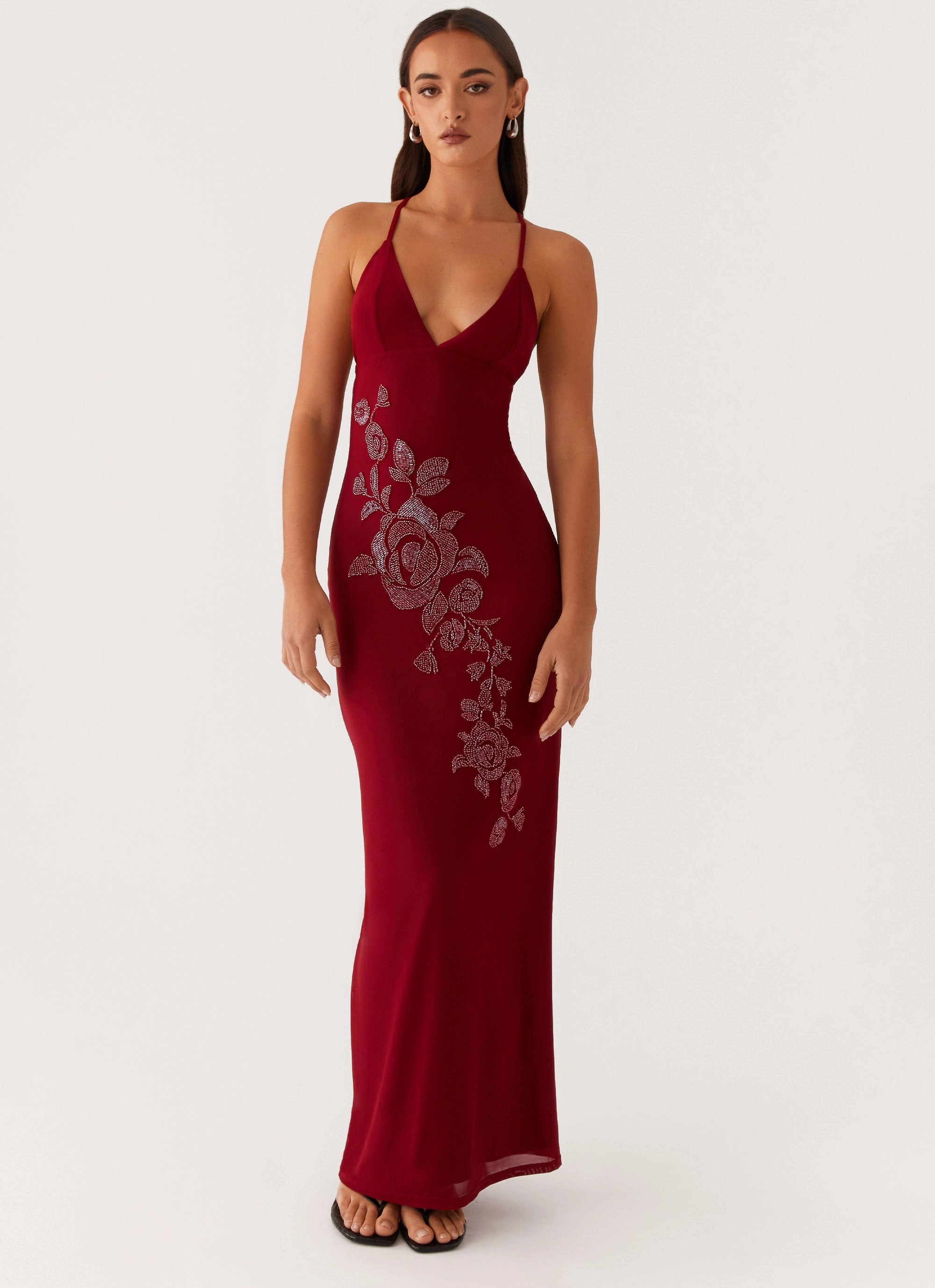 Shore Time Casual Chic Wear Beki Beaded Mesh Maxi Dress - Deep Red