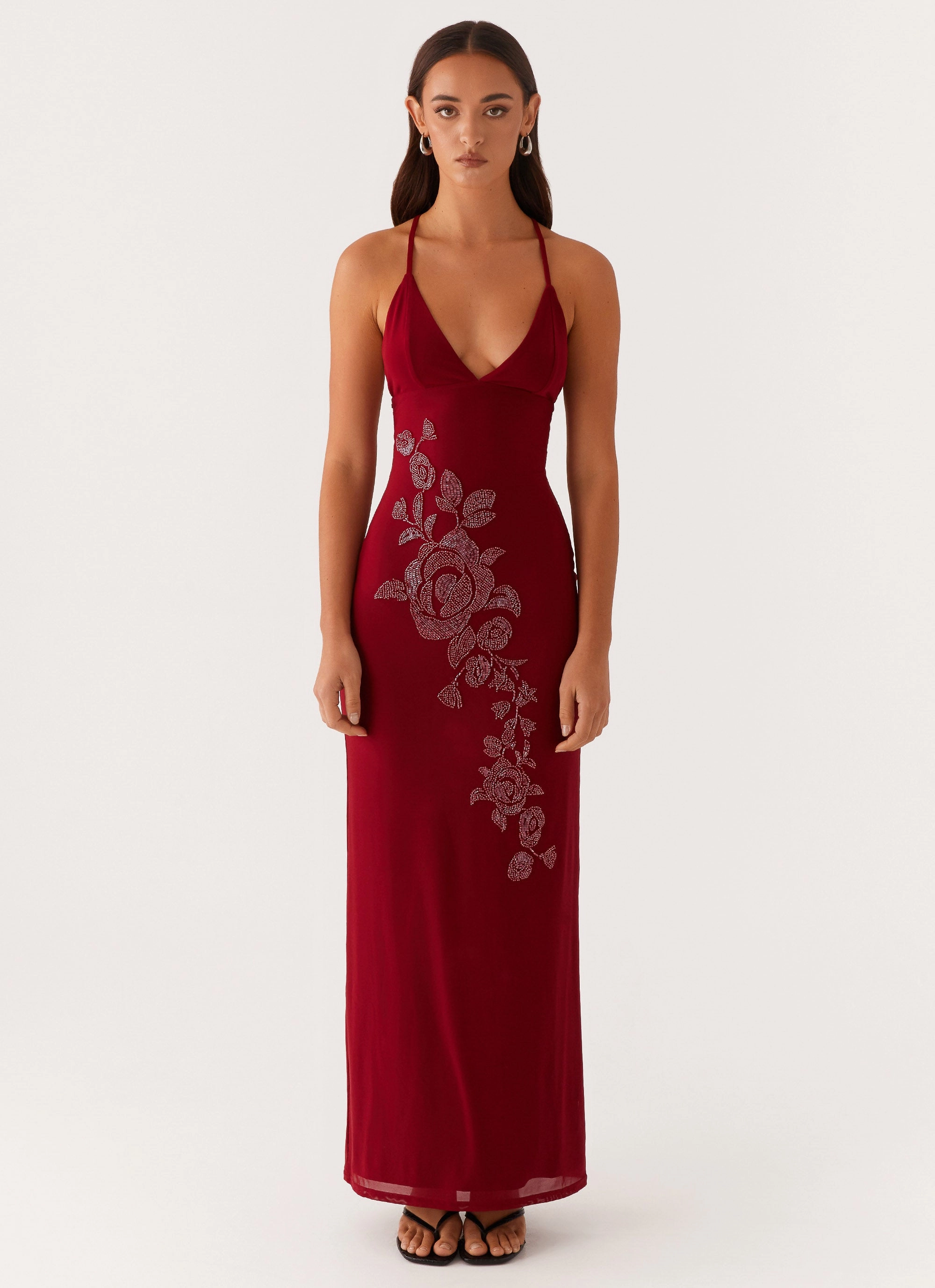 Beki Beaded Mesh Maxi Dress - Deep Red Event Mood
