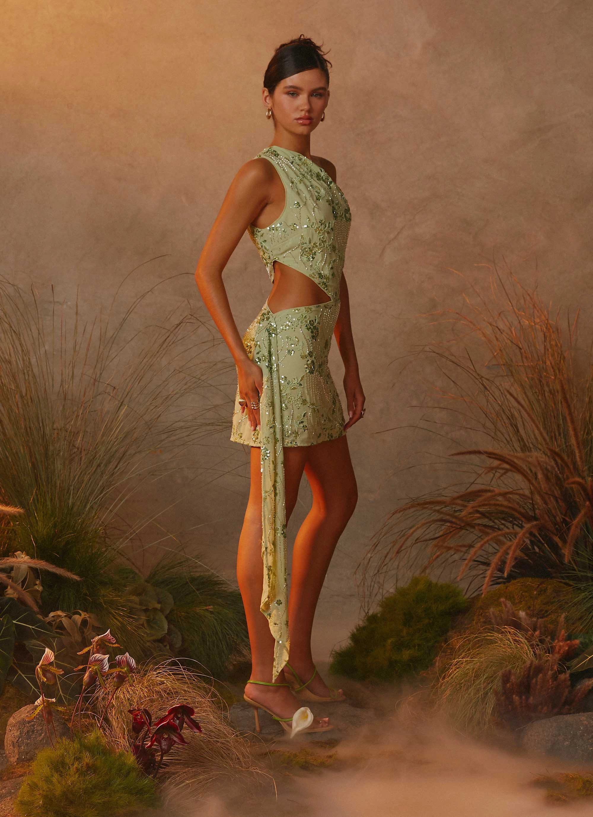 Simple yet chic gown Layered Look Juelz Beaded Mini Dress - Lime