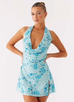 Cinzia Beaded Mini Dress - Blue Boho Tone Gradient Shade