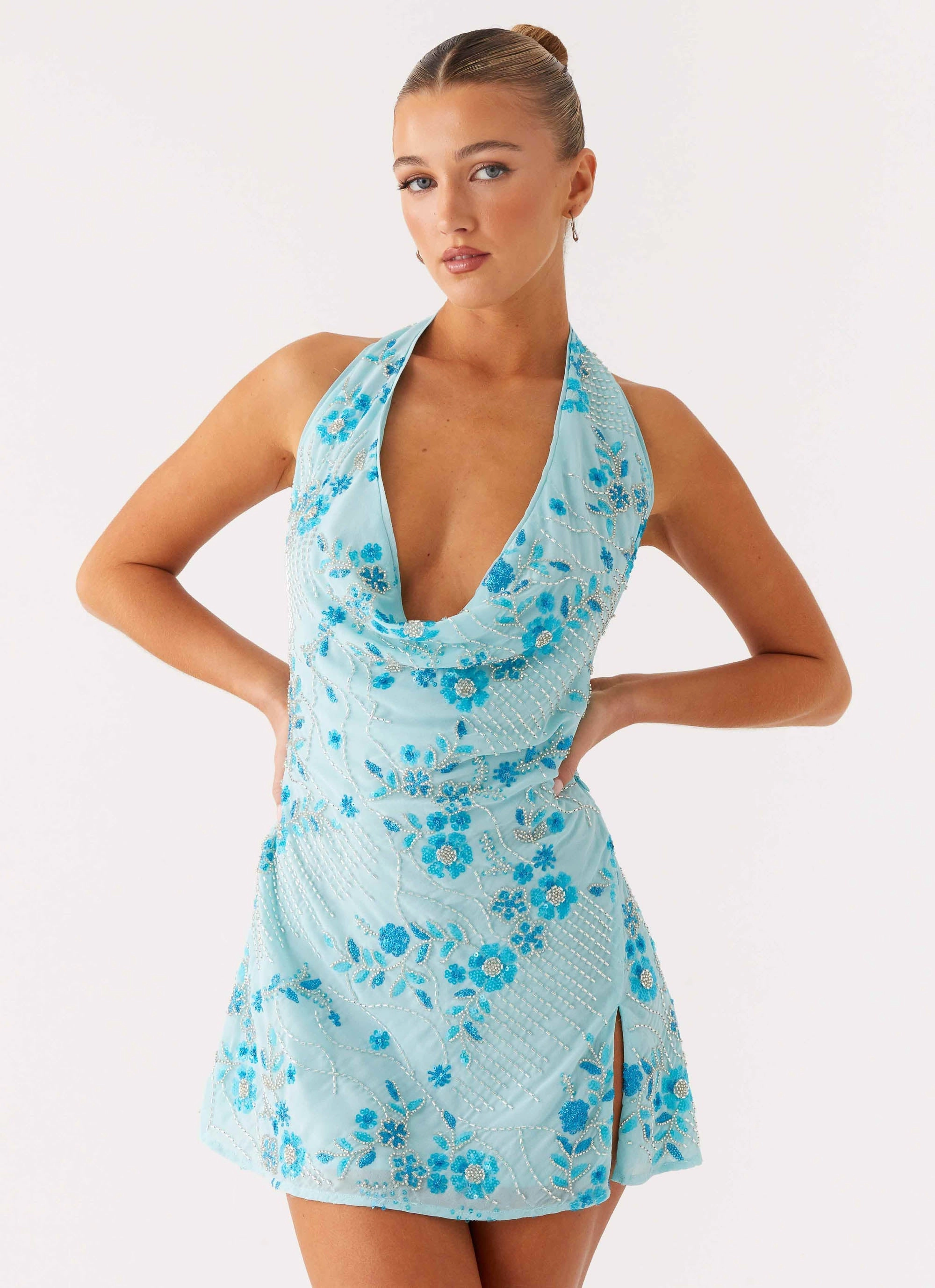 Jewel-Tone Cinzia Beaded Mini Dress - Blue