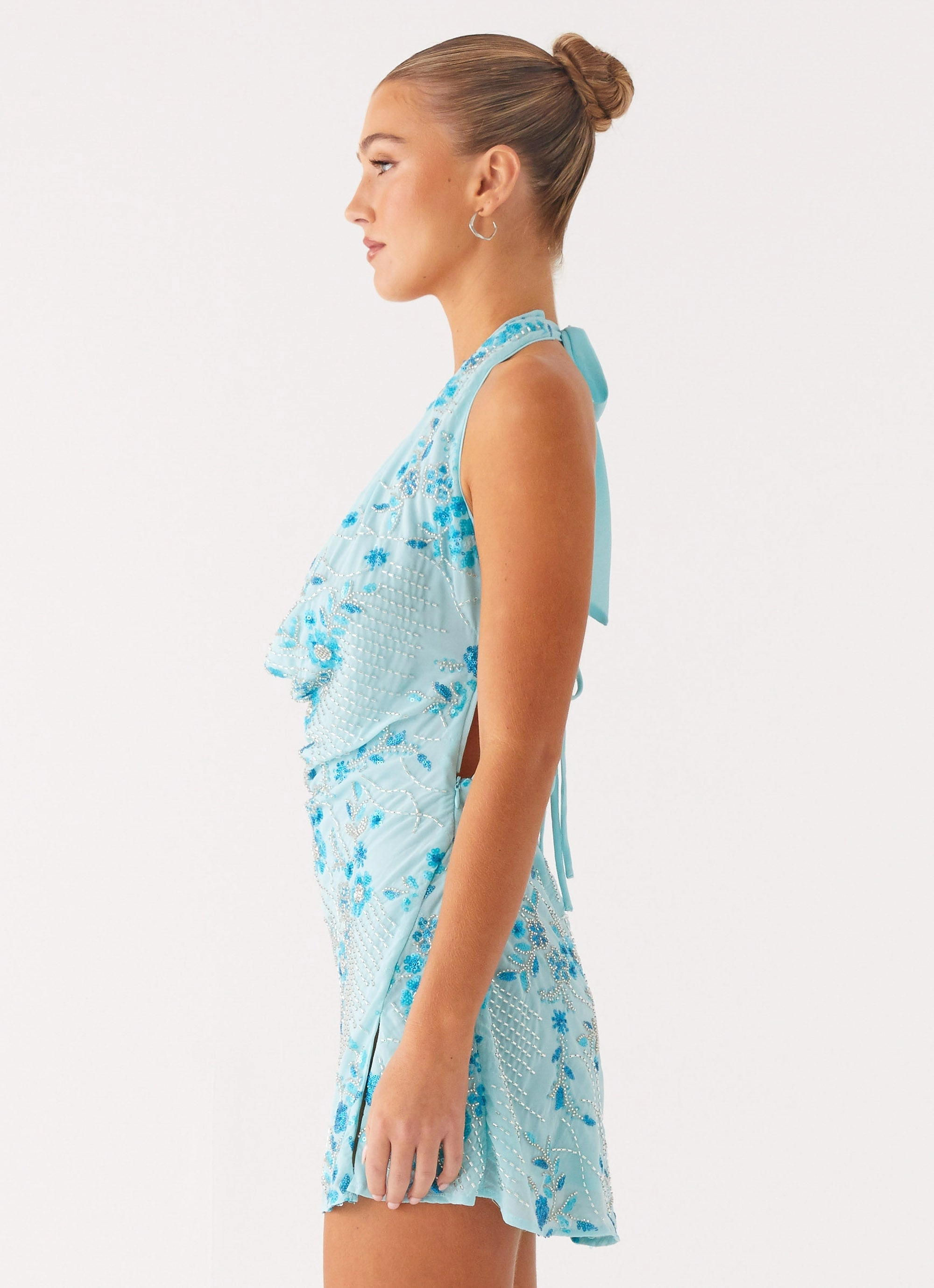Cinzia Beaded Mini Dress - Blue Sleek Outline Floral design
