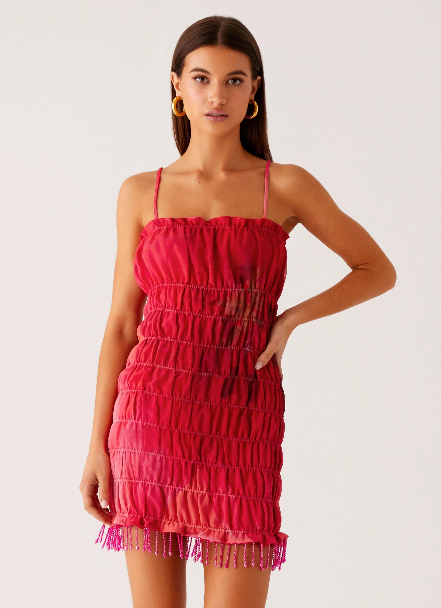 Refresh Me Chiffon Mini Dress - Peach Watermelon Flower All-Purpose Wear Cinched-Waist