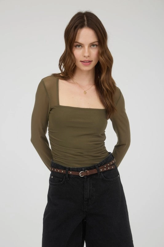 Recycled Fiber Blend NonIrritatingSeams Rhonda Ruched Waist Square Neck Long Sleeve Knit Top