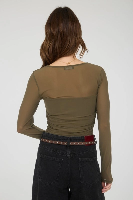 Rhonda Ruched Waist Square Neck Long Sleeve Knit Top SoftenedTexturedWeave