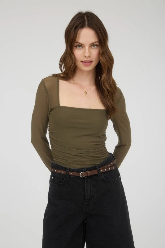 Fuel - efficient Rhonda Ruched Waist Square Neck Long Sleeve Knit Top