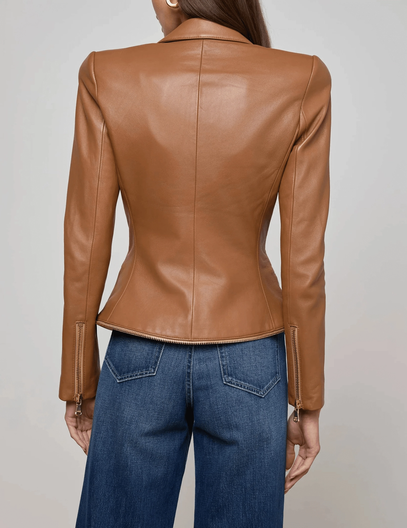PRE-ORDER-L'Agence Ottilie Zipper Trim Leather Blazer in Soft Cognac Fit For Travel Layer Friendly Shape