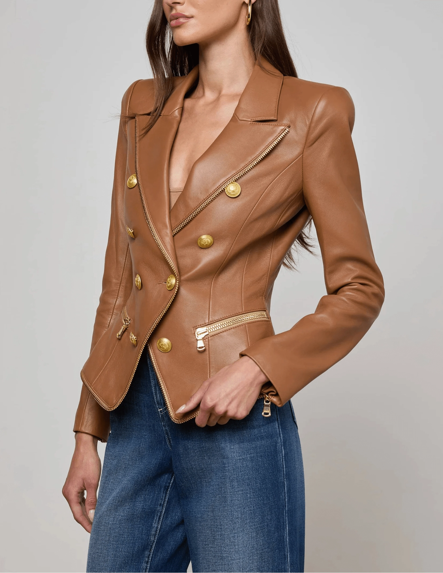 PRE-ORDER-L'Agence Ottilie Zipper Trim Leather Blazer in Soft Cognac Bonded Closure Mechanism