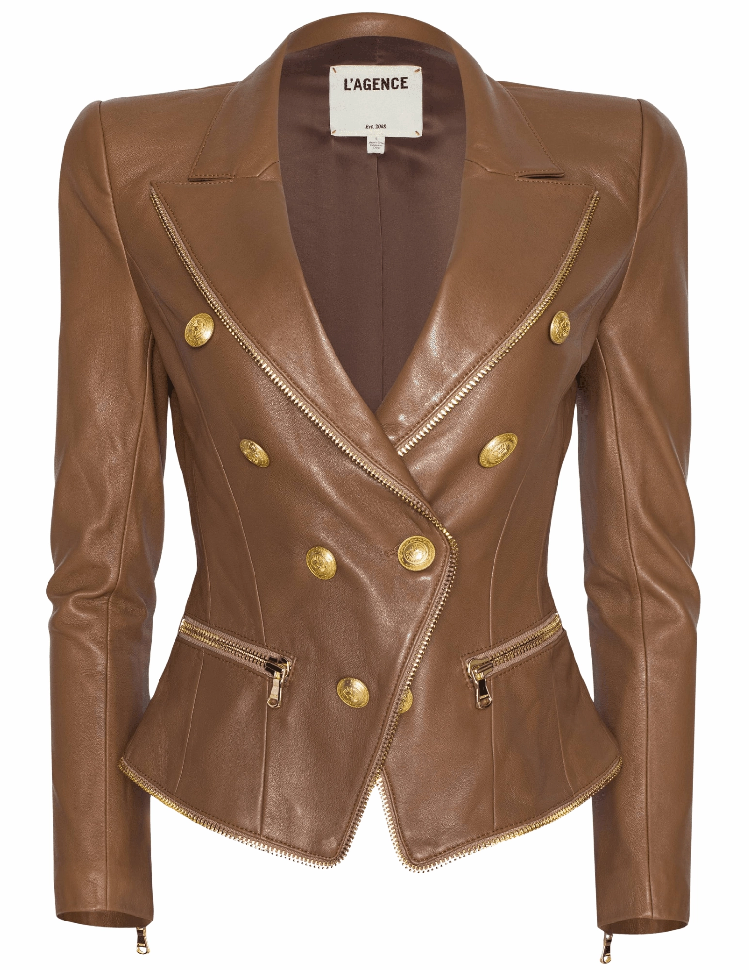 PRE-ORDER-L'Agence Ottilie Zipper Trim Leather Blazer in Soft Cognac Weekend Casual Fit