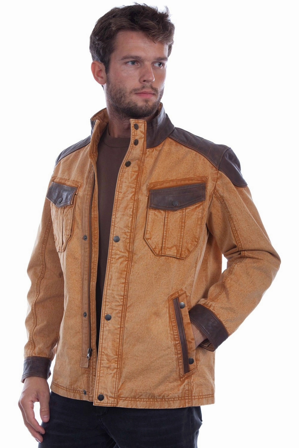 Classic Fit Magnetic Fasteners Scully Mens Cozy Canvas Tan Leather Leather Jacket
