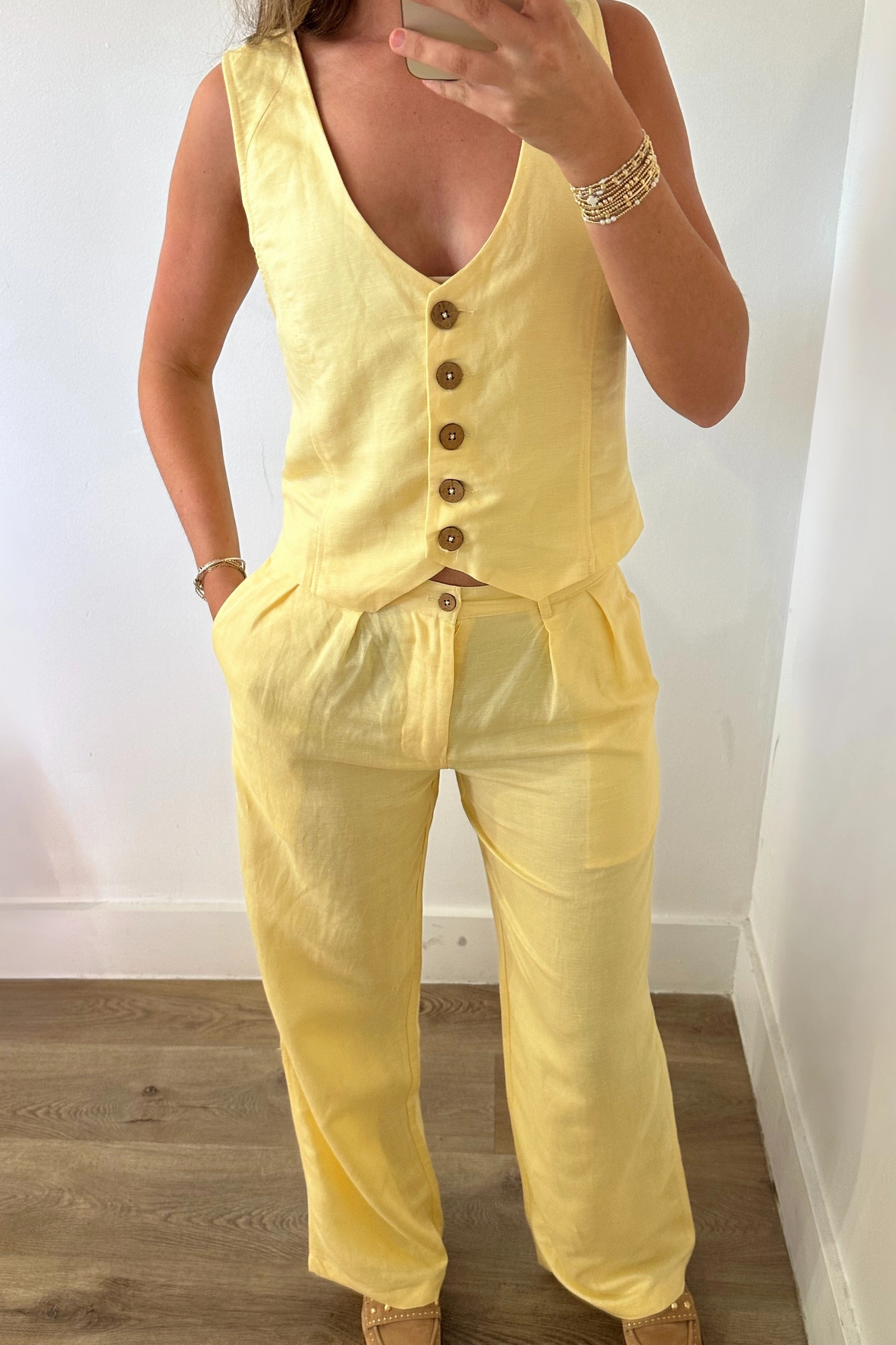 Here Comes the Sun Linen Pants - Yellow Perfect Shape Sweat Wicking Lining