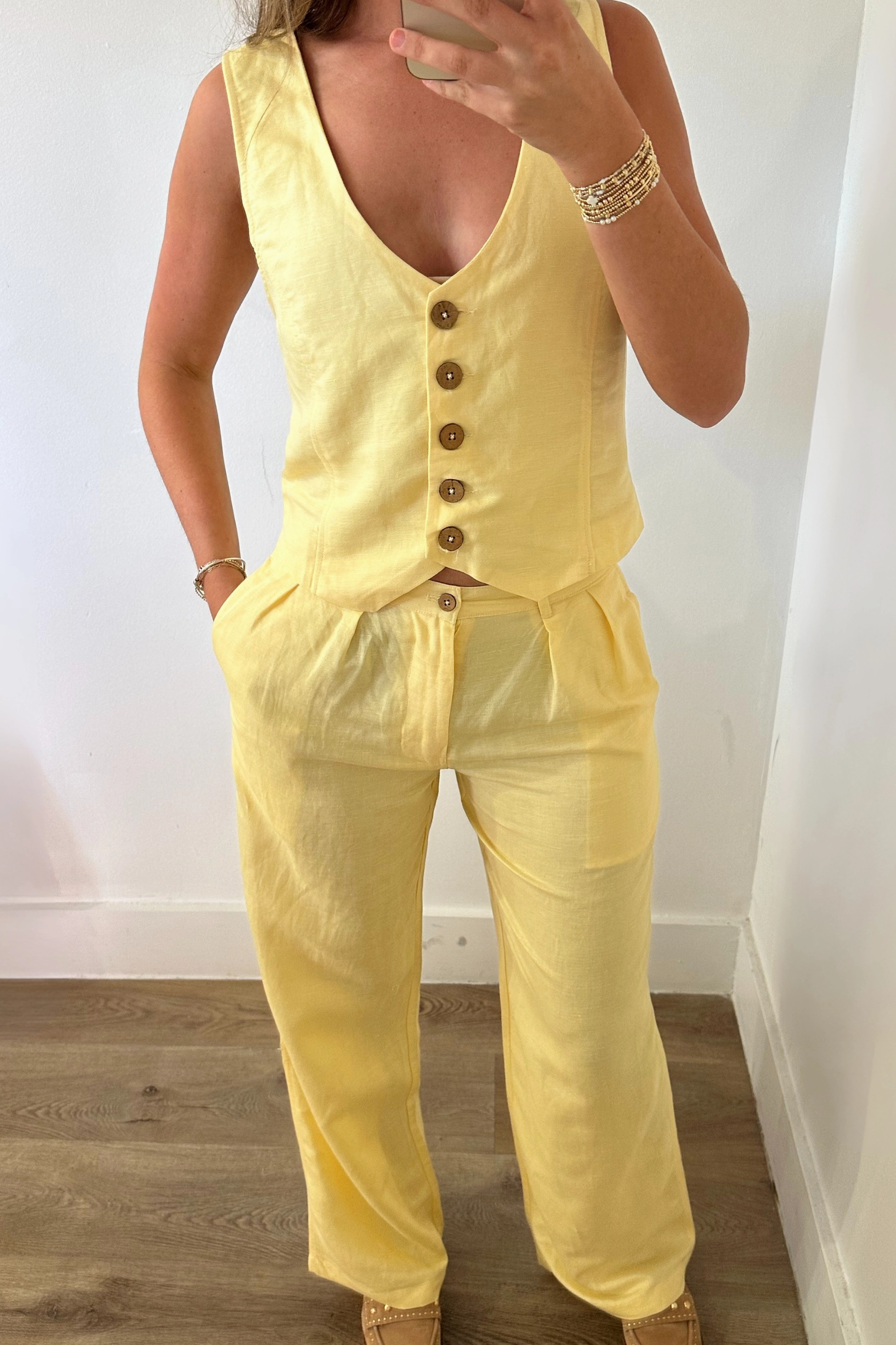 Flat Lock Stitching Here Comes the Sun Linen Pants - Yellow