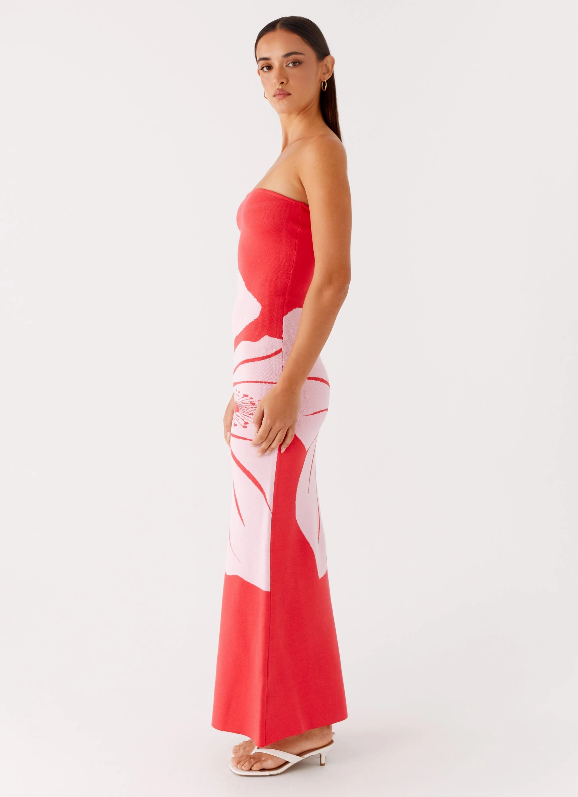 Side Ruching Neutral Tones Jala Strapless Knit Maxi Dress - Red Floral
