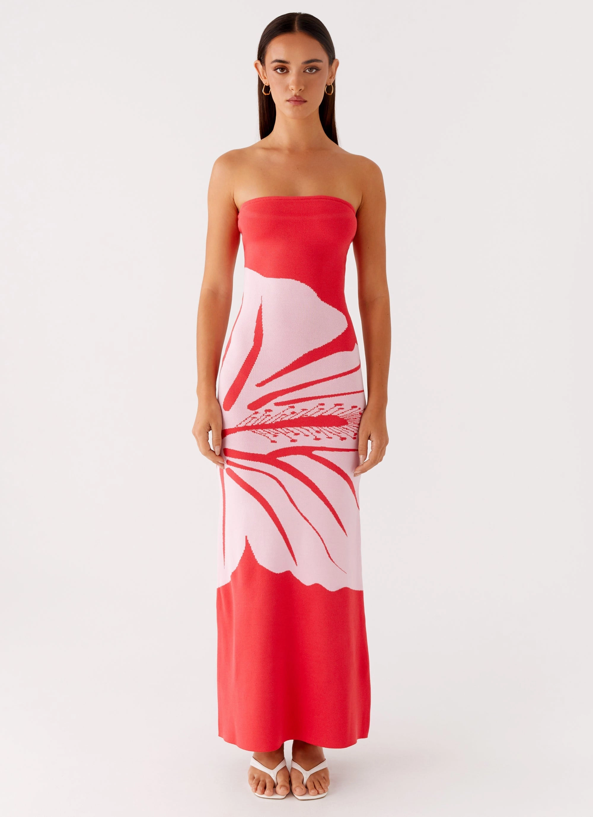 Jala Strapless Knit Maxi Dress - Red Floral Trend Detail