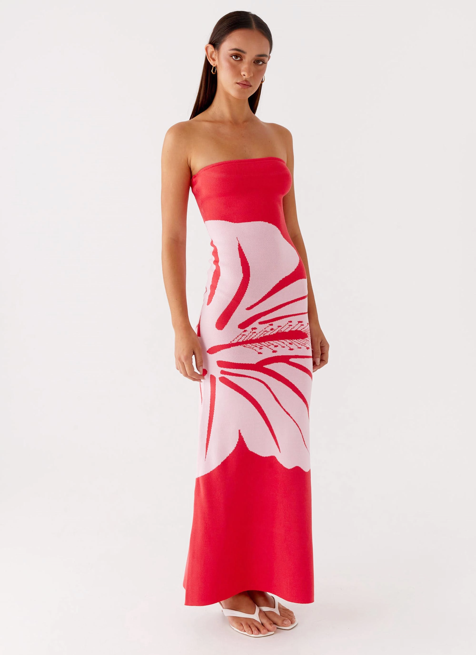 Jala Strapless Knit Maxi Dress - Red Floral Chilly Day Comfort Street Elegance